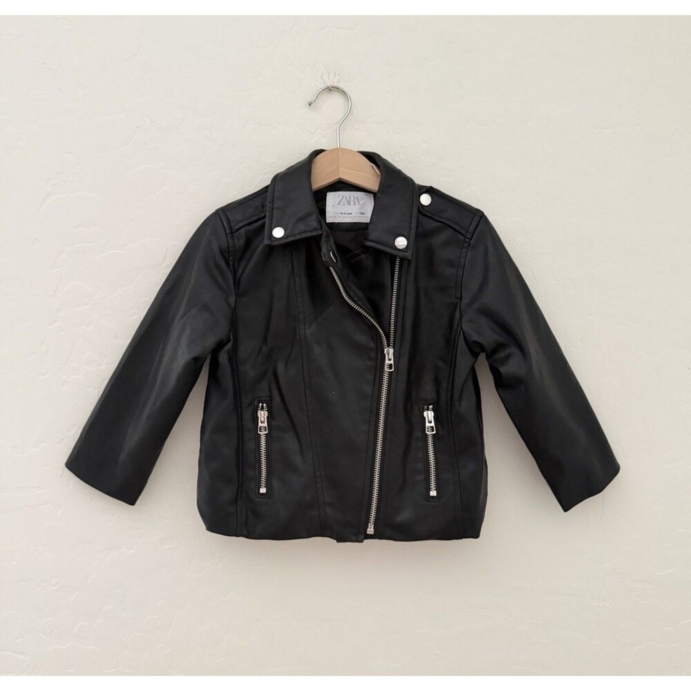 Zara Kids 3-4Y Black Faux Leather Moto Biker Jacket 104 Zip Punk